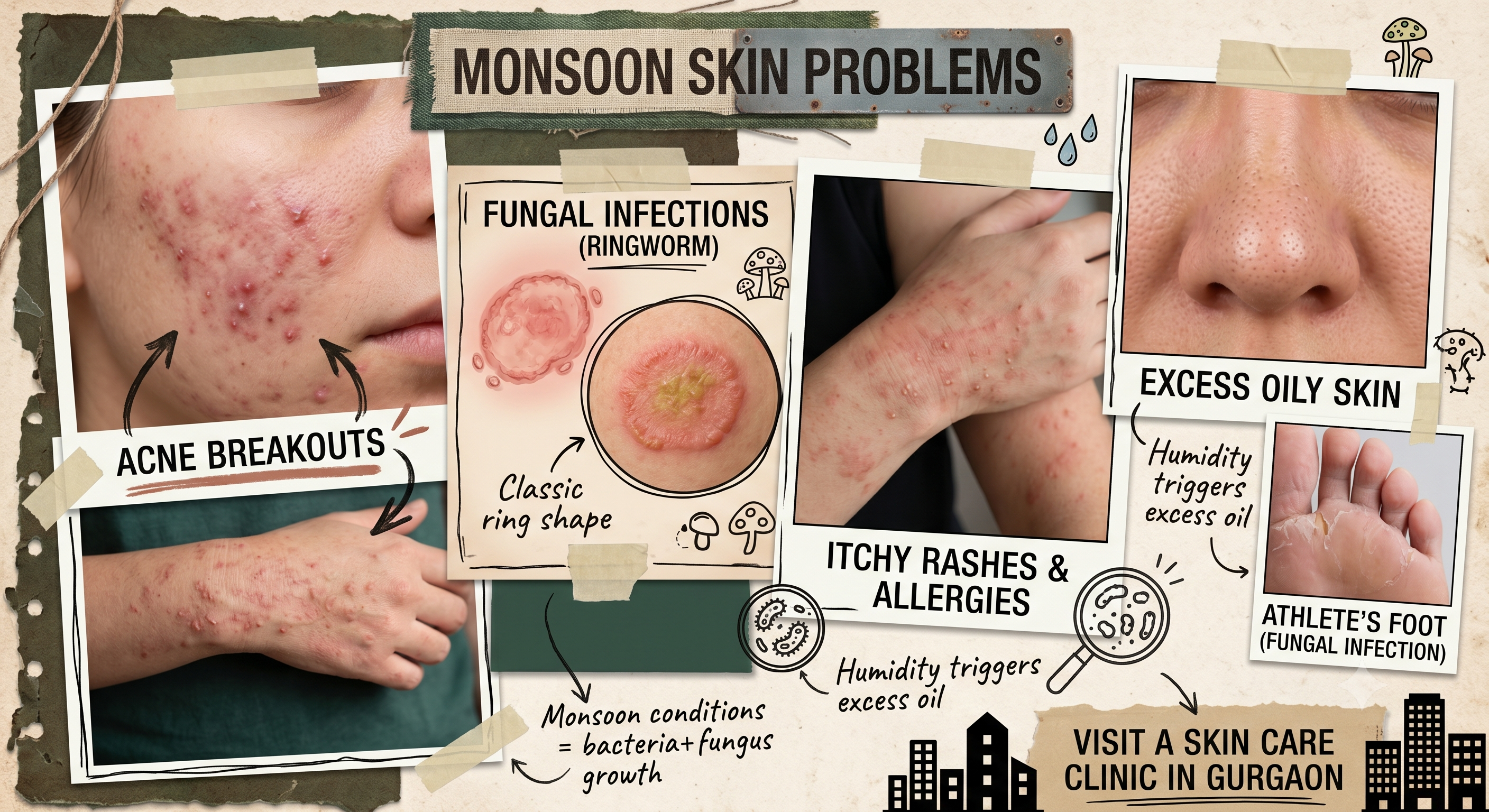 Common monsoon skin problems including acne, fungal infections, and rashes in Gurgaon